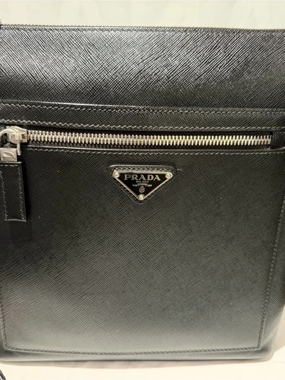 Prada Black Saffiano Leather Messenger Bag with Silver Hardware